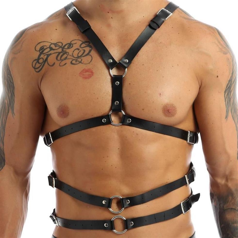 Bälten Mens Nightclub Sexig Party Body Chest Harness Buckle Pu Leather Punk Gothic Metal O-Ring Haler Belt2779