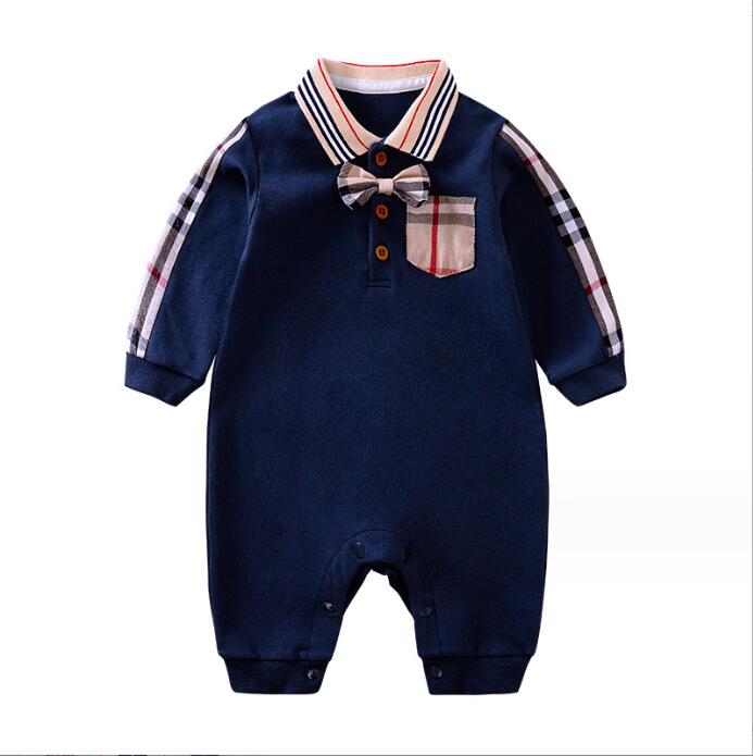 Spring Autumn Baby Boys Rompers Plaid Rompers adorabili tute a maniche lunghe con Bowknot Toddler Torn-Down Collar Holdsies Abbigliamento bambini