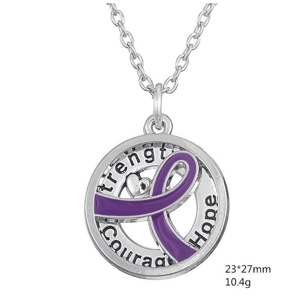 GX055 Consapevolezza del cancro Purper Purper Ribbon Targhetta Forza speranza Coraggio Lettere Amore Lettere cavi rotonde Collana a sospensione regalo3162