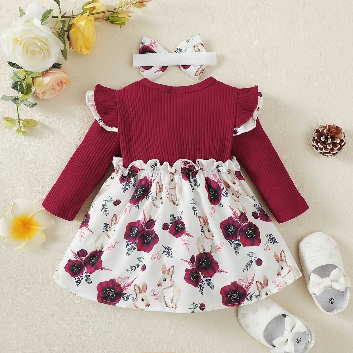 Girl's Dresses 0-2Year Old Newborn Baby Girls Spring And Autumn Round Neck Long Sleeved Wine Red Patchwork Rabbit Print Cute DressL231222