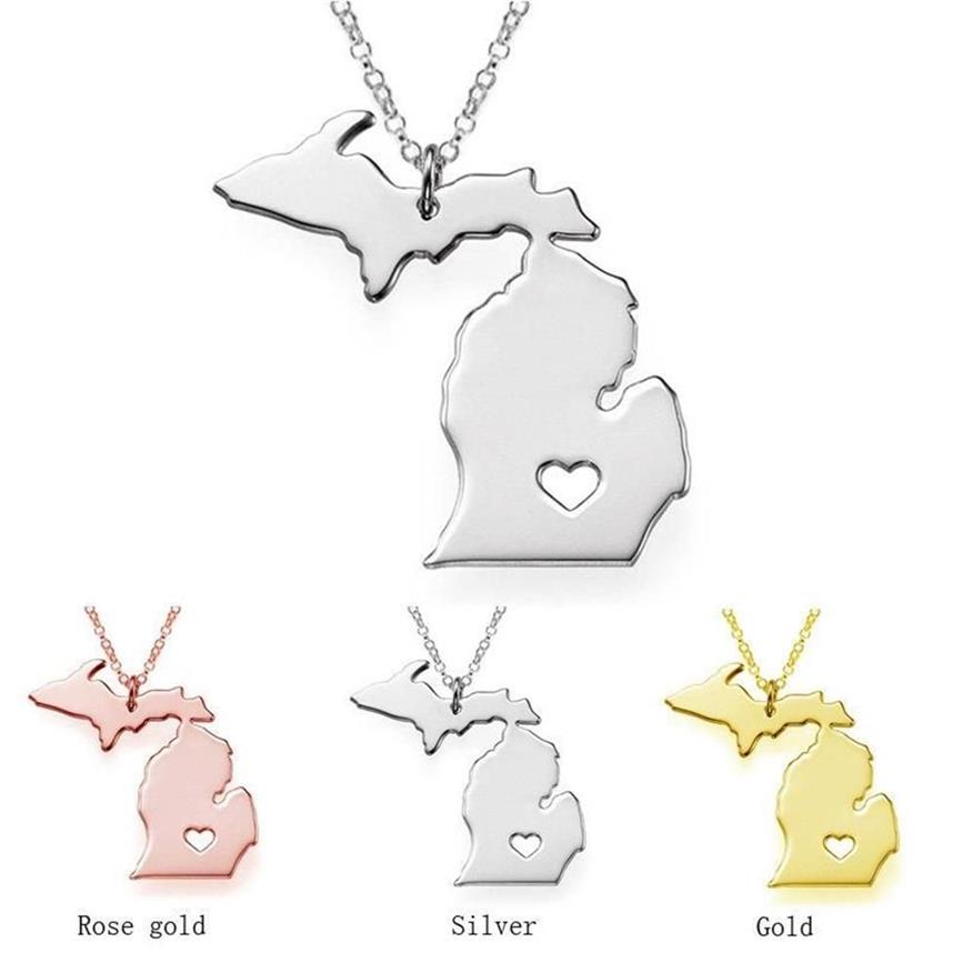 Trendig Michigan Map Necklace Rostfritt stål Hjärthänge Kvinnor Fashion Jewelley Gift Halsband298U