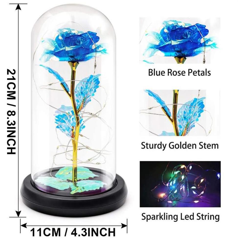 Night Lights LED Light Artificial Eternal Rose Beauty The Beast In Glass Gold Foil Flower Valentine's Day Gift Enchanted Fair240D