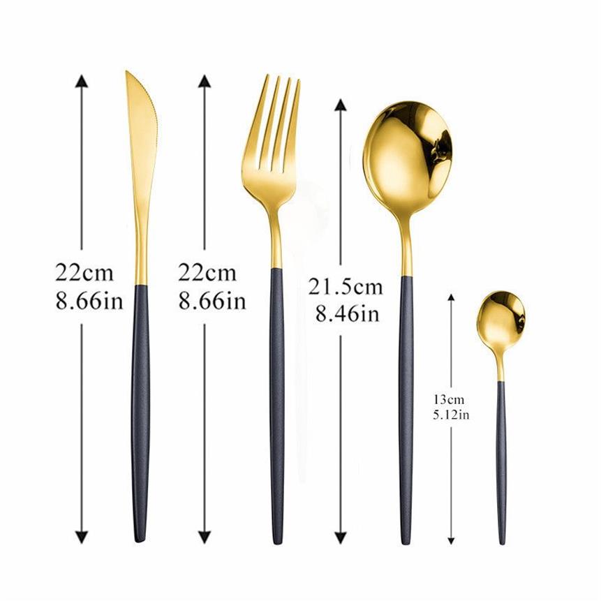 Rostfritt stål besticksked gaffeluppsättning gyllene bestick uppsättning skedar och gafflar 16 stycken svart guld servis uppsättning 20237a