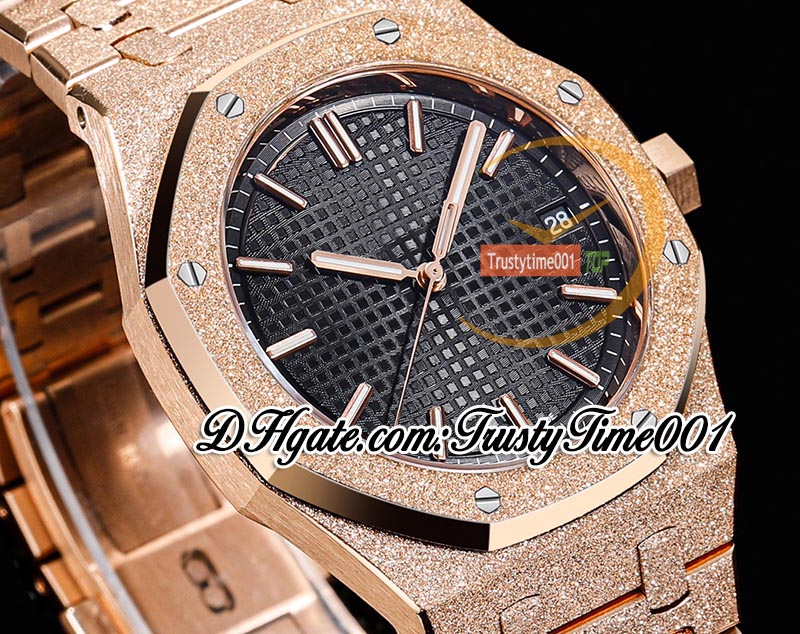 OMF 15500 SA4302 Automatic Mens Watch 41mm Frosted Rose Gold Black Textured Dial Stick Markers Stainless Steel Bracelet Super Edition trustytime001Wristwatches