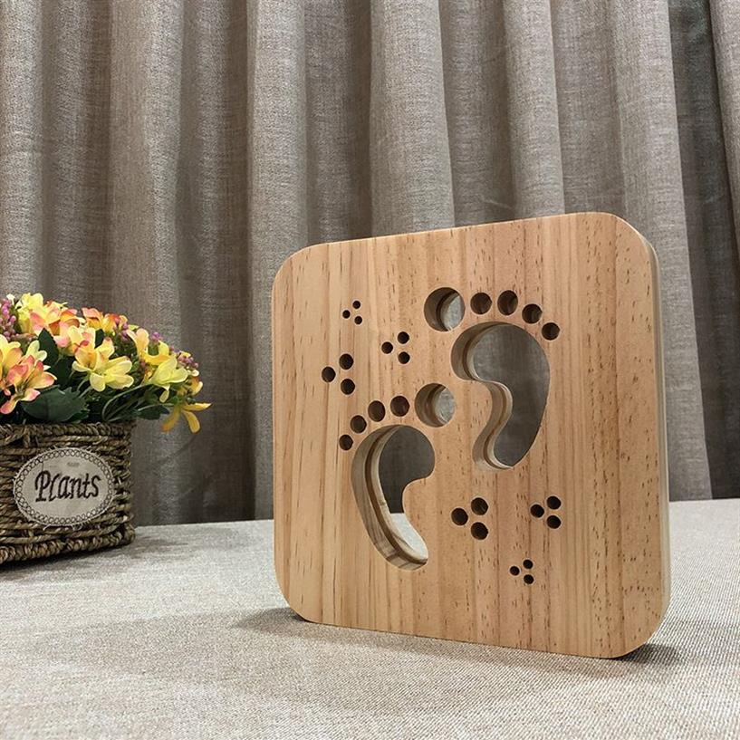 Creative Wood Footprint Night Lights LED Bord nattlampa Trä skrivbordslampa Atmosfär Lamp Novelbelysning2676