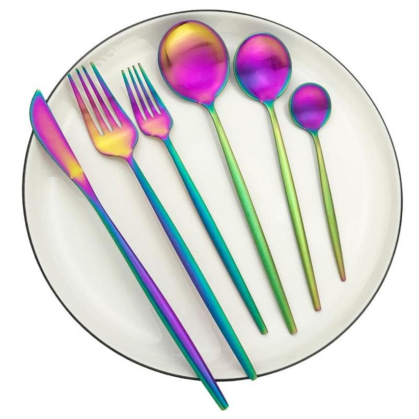 Zestawy naczyń obiadowych Rainbow Flatware 304 Zestaw stolika ze stali nierdzewnej Mat Mat Tutlery Desser Fork Spoon Silverware Kitchen 239T