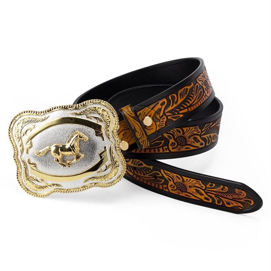 Belts Big Alloy Buckle Golden Horse Leather Belt Cowboy Leisure For Men Floral Pattern Jeans Accessories Fashion219J