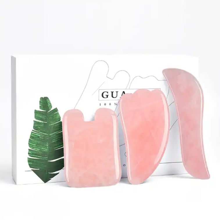 Handgjorda Rose Quartz Jade Gua Sha Tools Set With Present Box Natural Crystal Guasha Scraping Massage Tool Stone Facial Hudvårdssatser