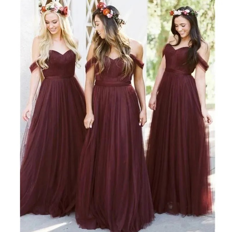 Burgundy Tulle Eine Linie Brautjungfernkleider lange sexy von der Schulter plus Größe Mädchen der Ehrenkleider Frühling Boho Hochzeit Gast Schwestern Gruppen formelle Verschleiß Cl3104