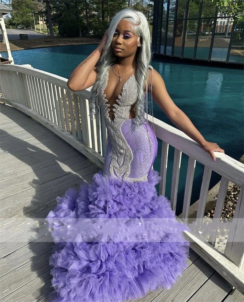 Purple Sheer Neck Evening Dresses For Black Girls 2024 Beaded Crystal Birthday Party Gowns Ruffles Long Prom Dresses Mermaid Robe De Bal