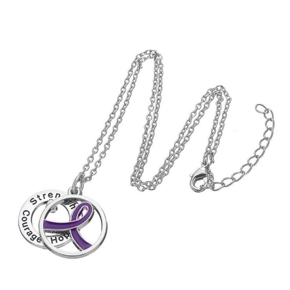 GX055 Consapevolezza del cancro Purper Purper Ribbon Targhetta Forza speranza Coraggio Lettere Amore Lettere cavi rotonde Collana a sospensione regalo3162