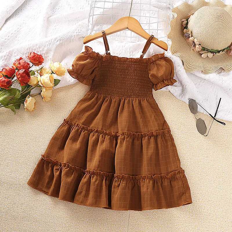 Girl's Dresses 2023 New Kids Dress For Girls 4-7 Years Brown Strap Off Shoulder Short Sleeved Dress Casual Style Vacation Holiday ClothesL231222