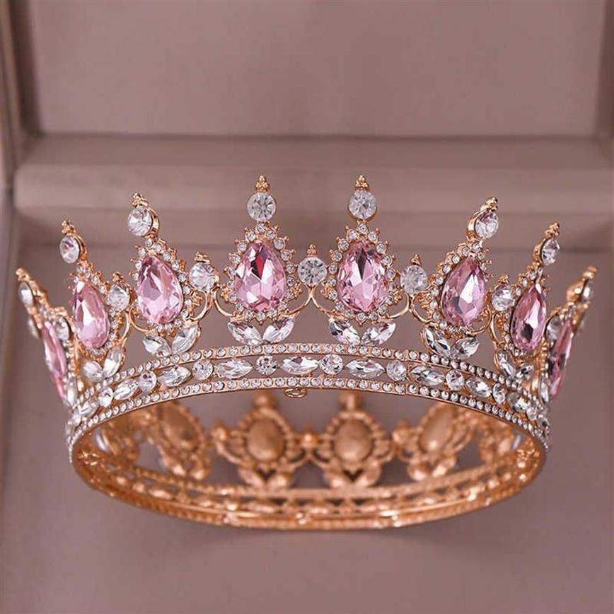 Fashion Luxury Circle Pink Crystal Queen Crowns Full Round Bridal Tiara For Wedding Party Women Rhinestone Hair Accessories X0625245S