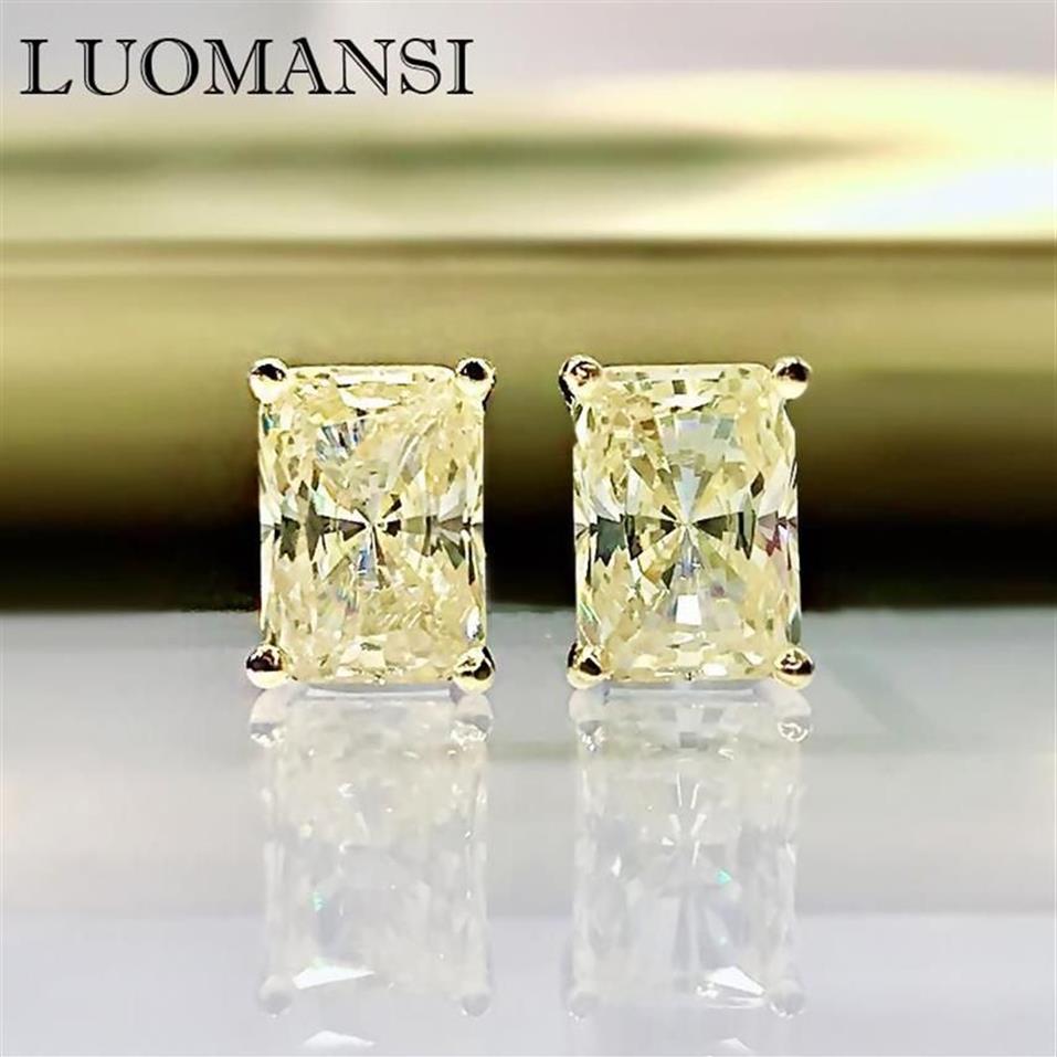 Stud Luomansi 100%-S925 Sterling zilver glinsterende rechthoek Witgele geel koolstof diamanten oorbellen vrouw sieraden294u