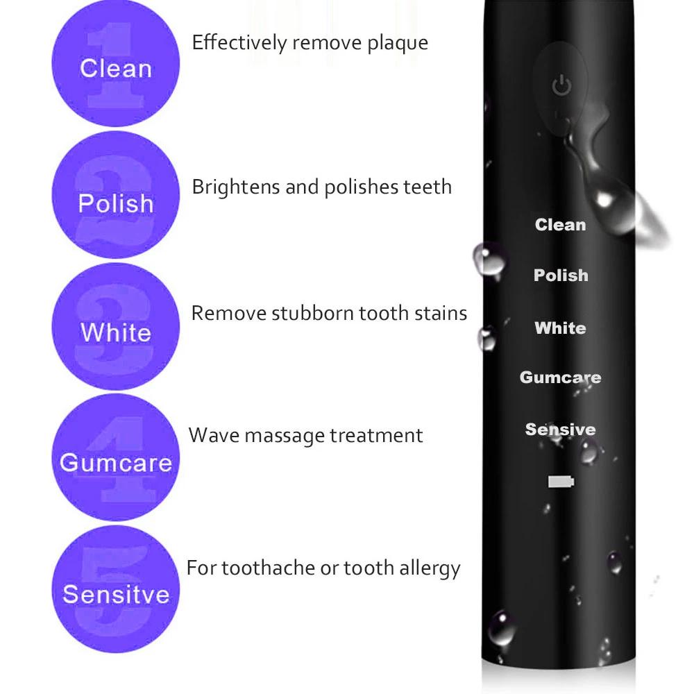 Tandborste tvättbar ultraljudssonisk elektrisk tandborste USB -laddning laddningsbara 5 lägen vitna tandborste vattentät vuxen resa