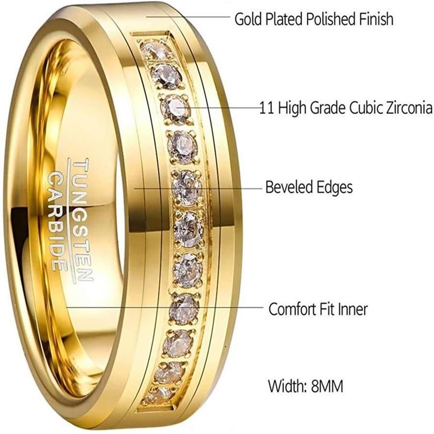 Eheringe Vakki Herren 8mm Wolfram-Carbid-Ringband mit runden kubischen Zirkonia-Goldplatted CZ Engagement Größe 7-12274p