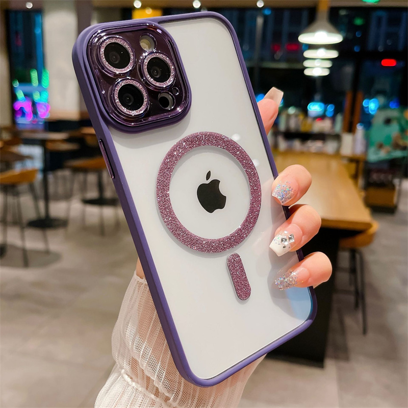 iPhone 15 Pro Max Luxury Glitter Magnetic Clear Telefono Custodia iPhone 11 12 13 14 15Plus Flash Lens Transparent Cover 