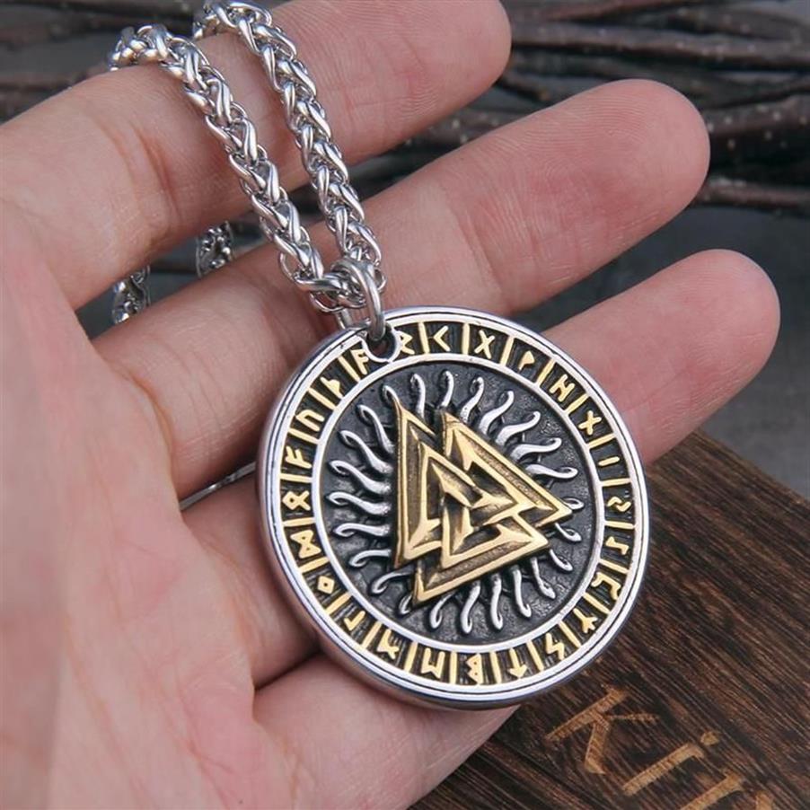 Nordic Vikings Jewelry Never Fade Odin's Valknut With Rune And Viking Axe Pendant Wooden Box As Gift Necklaces2687