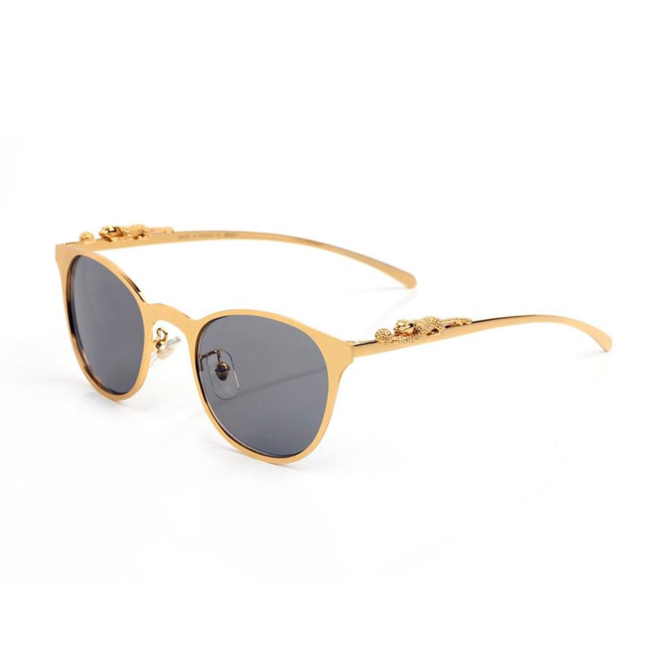 Designer óculos de sol feminino Metal Leopard Head Logo Golden Silver Round Mody Fashion Retro Cat Eye Luxury Glasses Brown Blac211j