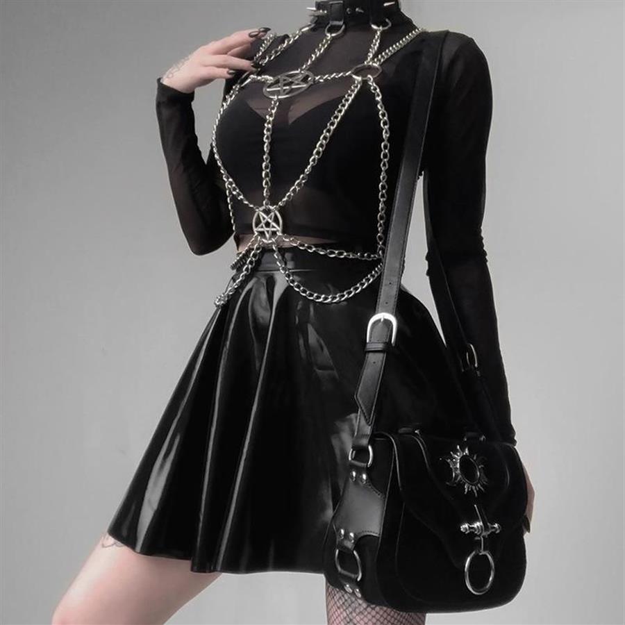 Belts Sexy Women Suspenders Chest Alloy Chain Belt Gothic Harajuku Pentagrams Patchwork Chains Tassel Harness Accessories228R