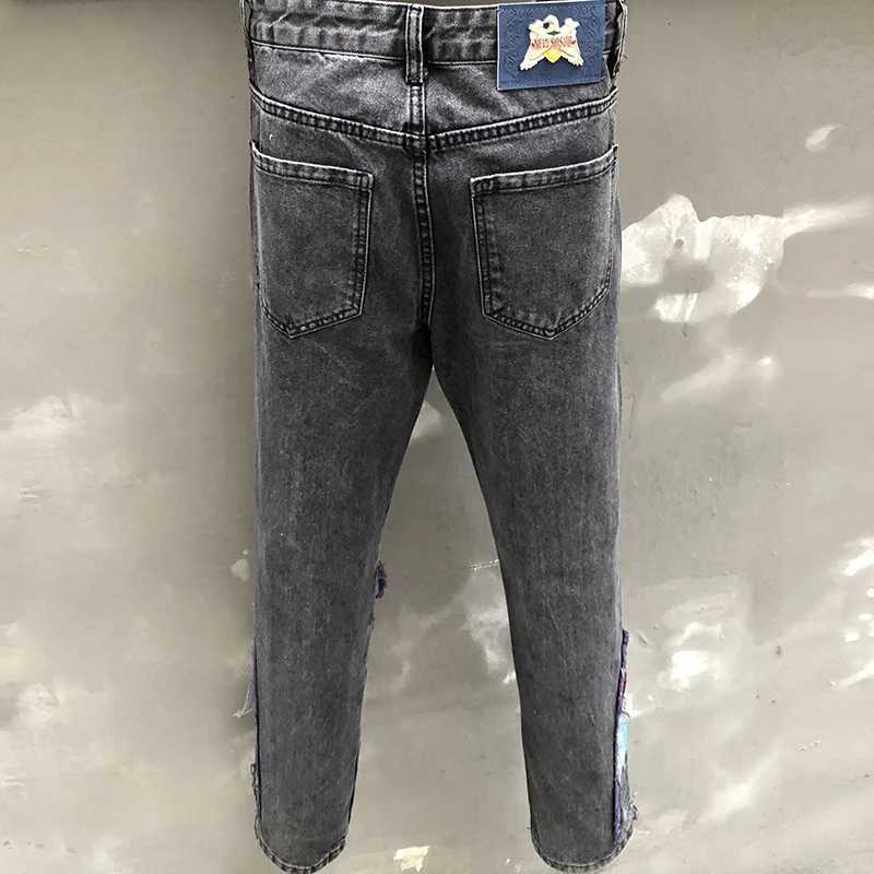 Jeans buco maschile patch ricamato maglia slim jeans pantaloni streetwear hip hop punk jeans maschi jeans uomini pantaloni motociclistici J231222
