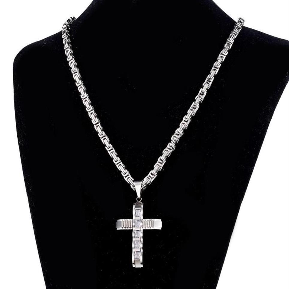 Pendanthalsband Fashion Crucifix Cross Necklace Men Silver Color rostfritt stål Punk Byzantine Chain Jewelry251N