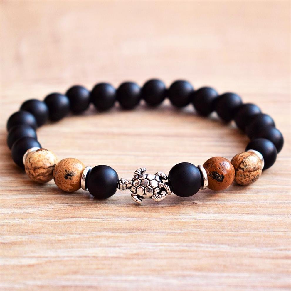 MG0785 NEW DESING TORTOISE CHARM BRACELET NATURAL PICTURE JASPERS BRACELET MATTE BLACK ONYX BEADED WRIST MALA BRACELET217A