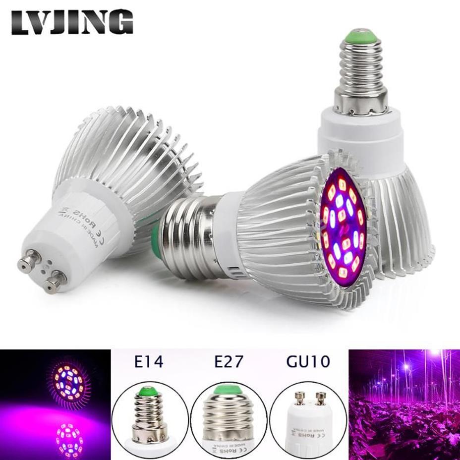 Luz de cultivo LED de espectro completo 18W E14 E27 GU10 Lámpara de foco de atención Planta de flores Sistema de hidroponía de invernaderos Vegestres Luces de caja244k