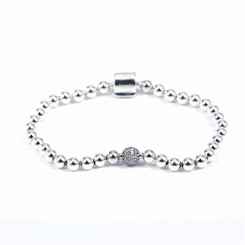 Äkta 925 Sterling Silver Bangle släta pärlor Pave Crystal Ball Armband Fit Bead Charm Diy Fashion Jewelry20V