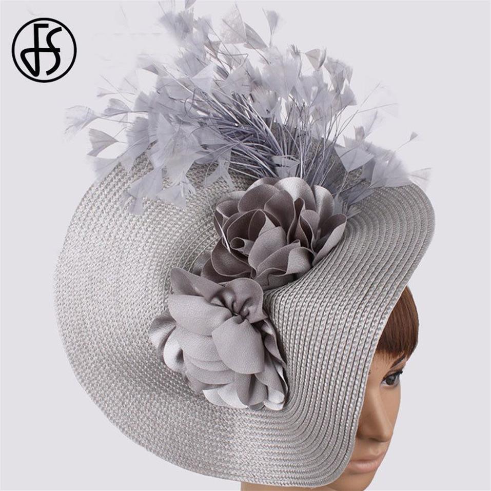 FS Imitation Stroh Big Derby Fascinator Hut für Hochzeit Frauen Weiße Blume Kopfband Stirnband Feder Race Hair Accessorie 2207a