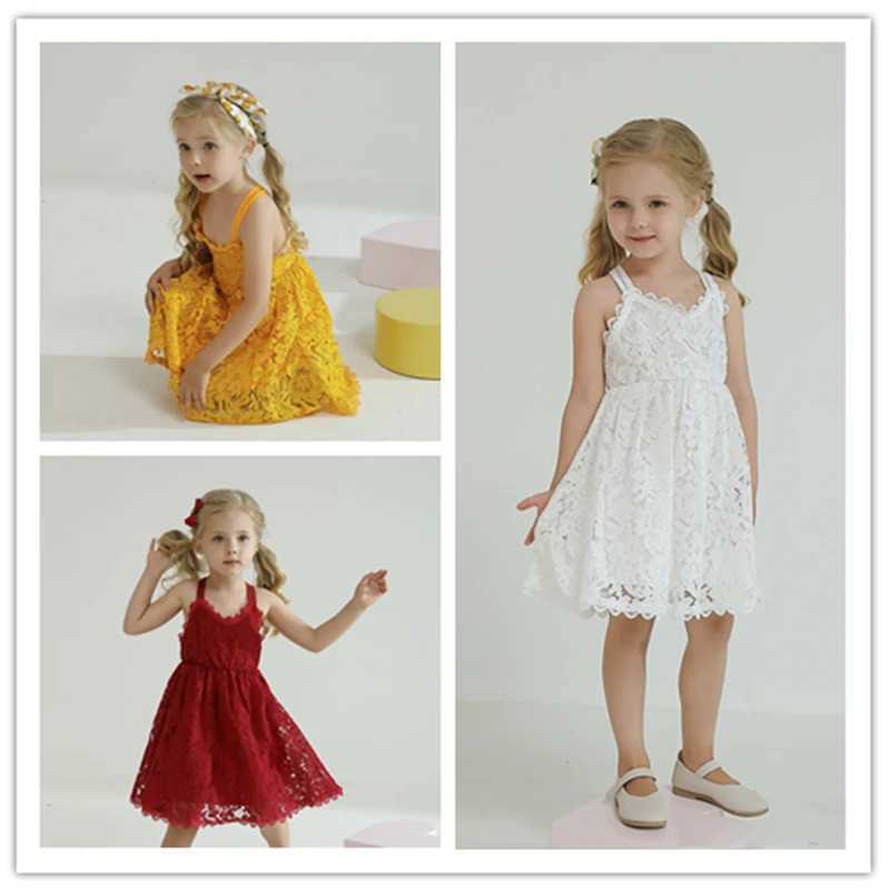 Girl's Dresses White Lace Dresses for Girls Beach Dress Sling Sleeveless Clothes Kids Children Wedding Holiday Party Sundress Kids ClothesL231222