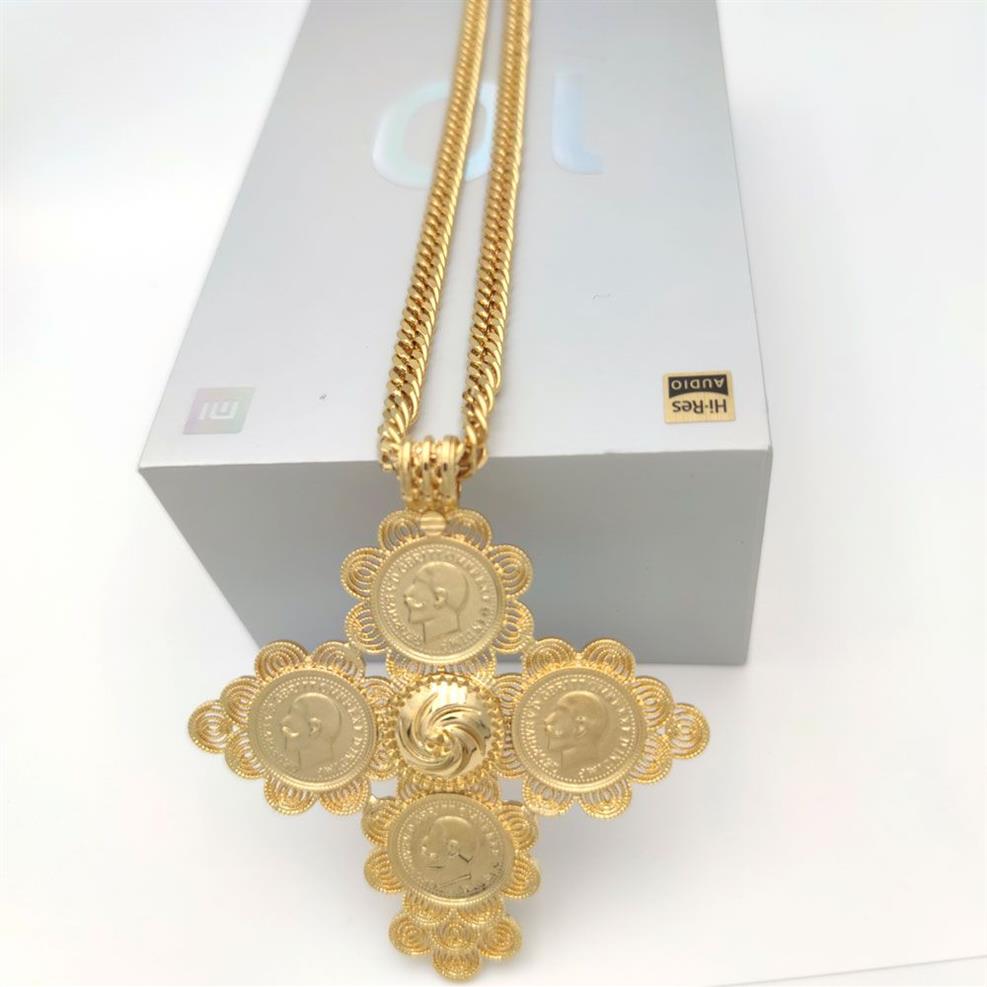 Big Coin Cross Pendant Ethiopian 24K GOLD FILLED RUBY CUBAN DOUBLE CURB CHAIN SOLID HEAVY NECKLACE Jewelry Africa habesha eritrea267A