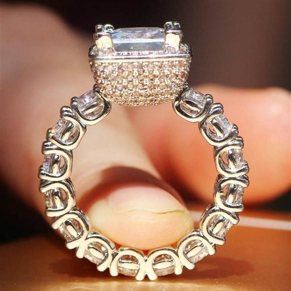 REAL SOLIDO 925 STERLING Silver Gemstone Rings para mujeres Luxury Square 3 quilates de compromiso de diamantes anillo de boda joyería topacio fino194m