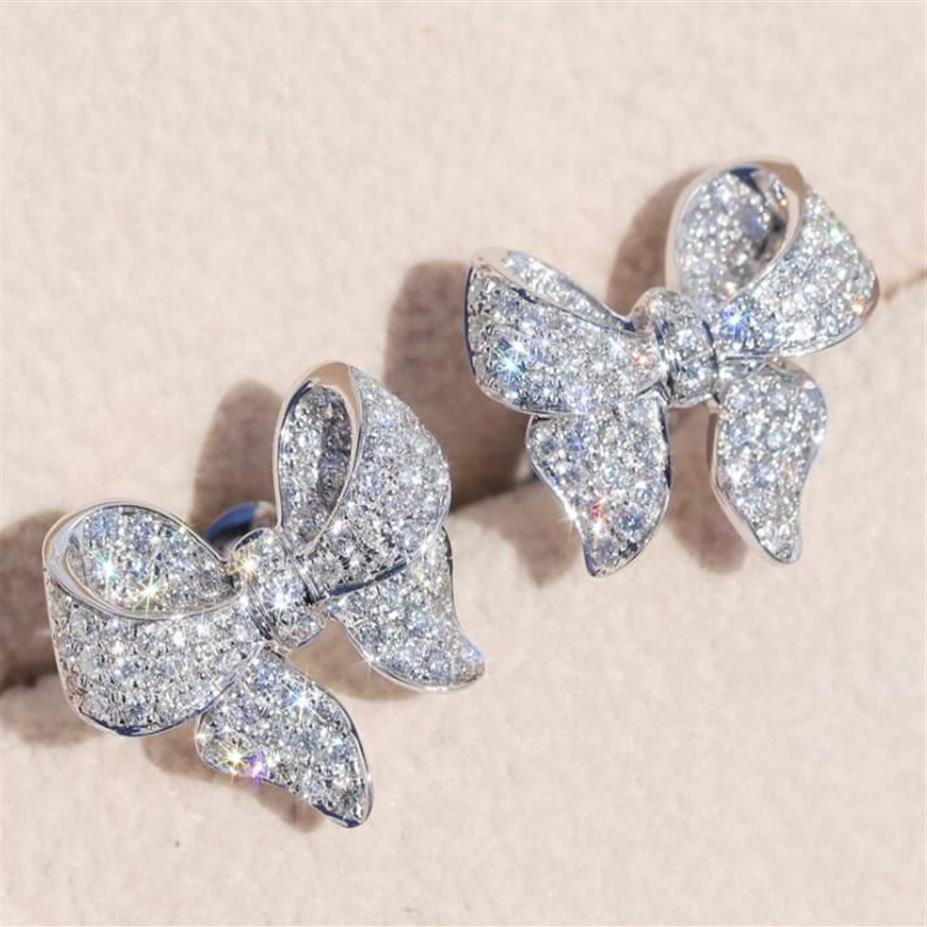 S925 Sterling Silver Love Bow Bowknot Designer Boucles d'oreilles Boucles d'oreilles brillantes Crystal Luxury CZ Bling Diamond Stone Cute Boucle d'oreilles Coules d'oreilles Ea207H