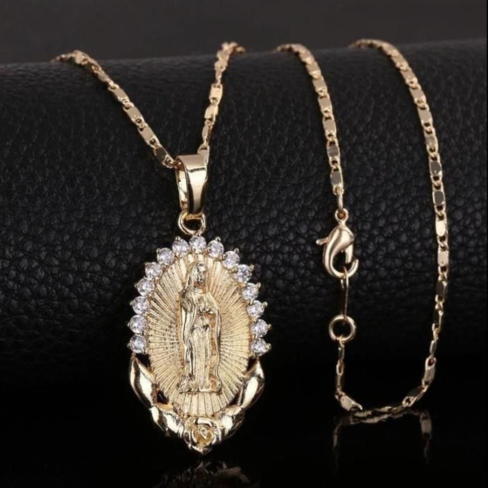 거룩한 성모 마리아 펜던트 목걸이 종교 우아한 황금 기독교 입방 식 제치 목걸이 여성 Collier Femme Christian Jewelry3215