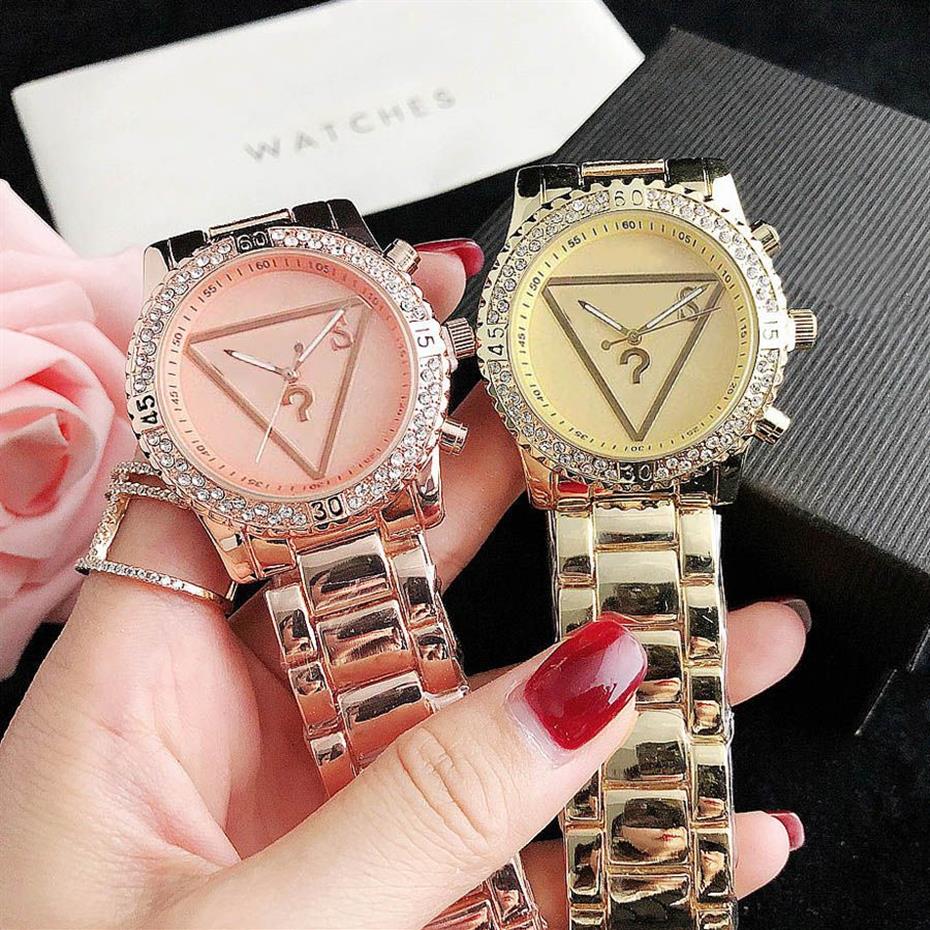 Marque regarde des femmes fille diamant cristal triangle interdire style métal métal acier band quartz wrist watch gs 462888