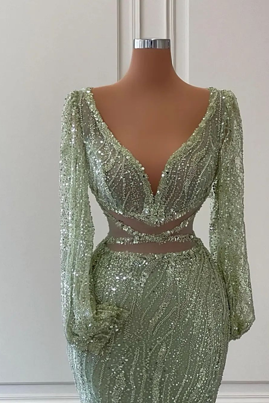 Robes de bal de sirène brillantes en V Leck à manches longues à manches longues Appliques conception sur le plancher de la taille zipper plus taille de fête formelle sur mesure Vestido de NOITE