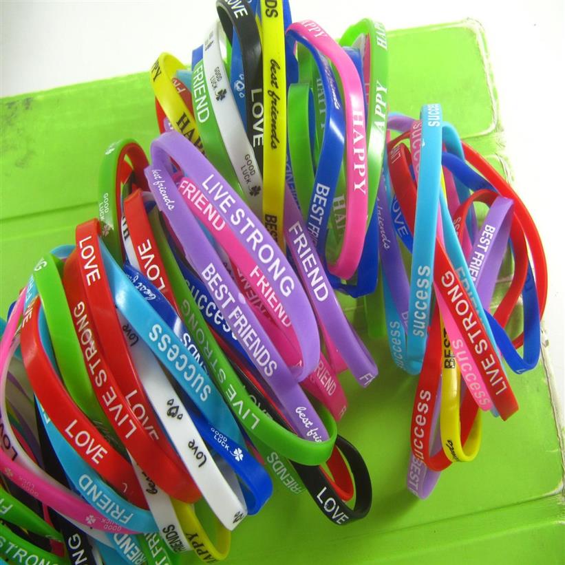 Mixed Color Silicone energy Sport Elasticity bracelets Friend Love Succes Happy Live Strong Children Gift Party J220E