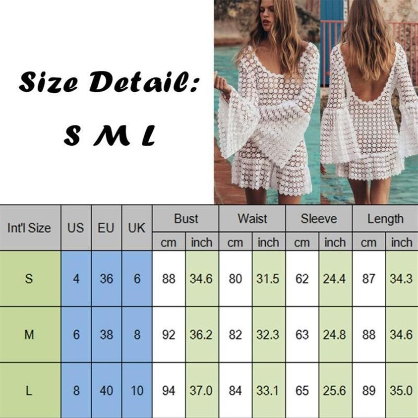 Sexy Women Bikini Cover Up Long Sleeve Beachwear Summer Kaftan Swim Dress White Lace Crochet Bathing Suit Swimsuit Sarongs3471