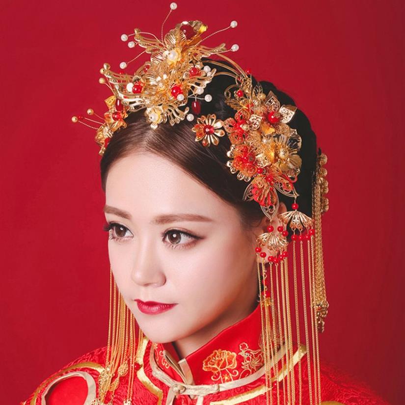 Chinese stijl Bruid Hoofdkleding Ancient Costume Phoenix Coronet Red Ornamenten Hoofdkleding trouwen Volledige kleding Cheongsam Hair Decorate294V