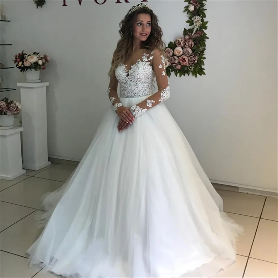 Elegant Lace Appliques Long Sleeves Wedding Dresses Ball Gowns See Through White Tulle Bridal Dress vestidos de novias