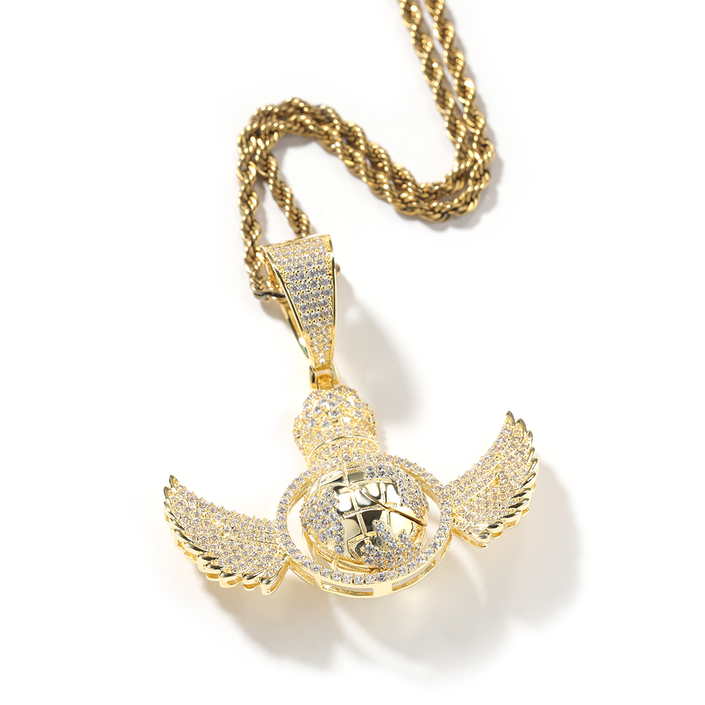 Hip Hop TopBling Ali d'angelo Ruota la collana con ciondolo globo Completo 5A Zircone 18k Gioielli placcati oro reale