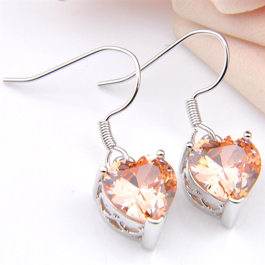 Luckyshine Morganite Cœur en forme de boucles d'oreilles Femmes bijoux cadeau 925 Boucles d'oreilles à crochet zircon en cristal argenté 289h