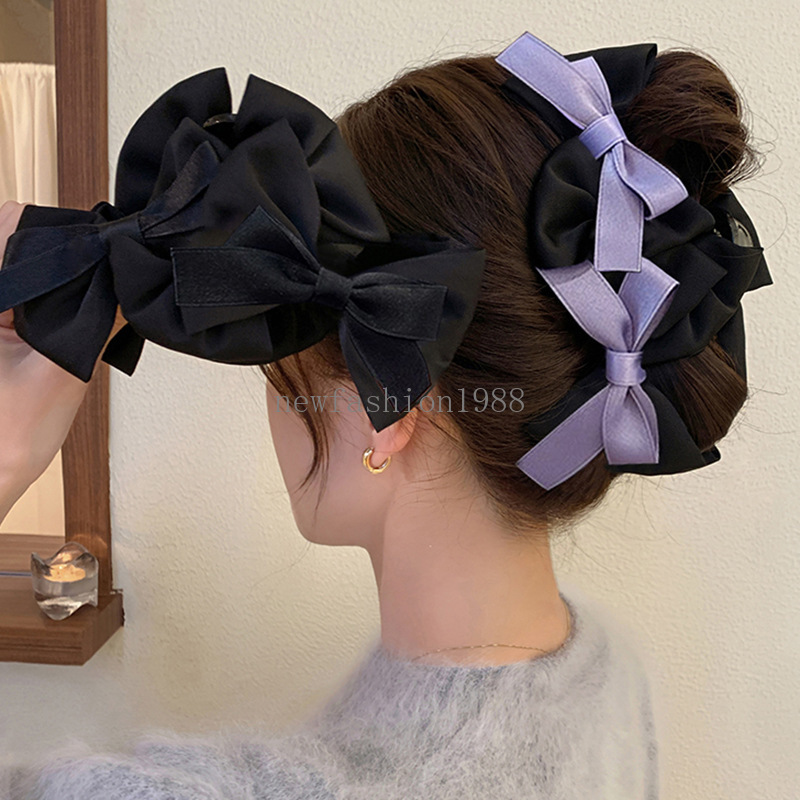 Elegante Frauen schwarze Bogenknoten Doppelschichten Big Hair Claw Fashion Ponytail Hair Clip Girls Hooke Hair Accessoires Geschenke