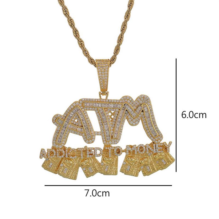 Hip Hop Micro Pave Cubic Zirconia Bling isad beroende av pengar Atm hängande halsband för män Rapper smycken guldfärg315U