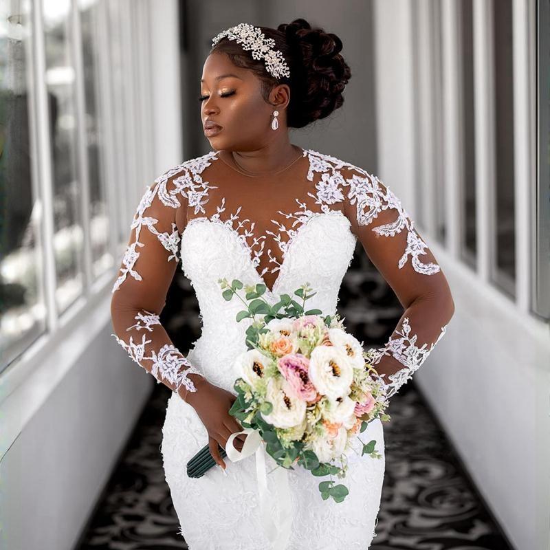 Plus taille aso ebi robes de mariée sirène siroute manche à manches longues en dentelle en dentelle robe nuptiale pour les femmes noires africaines mariées magnifiques robes nues en tulle CDW168