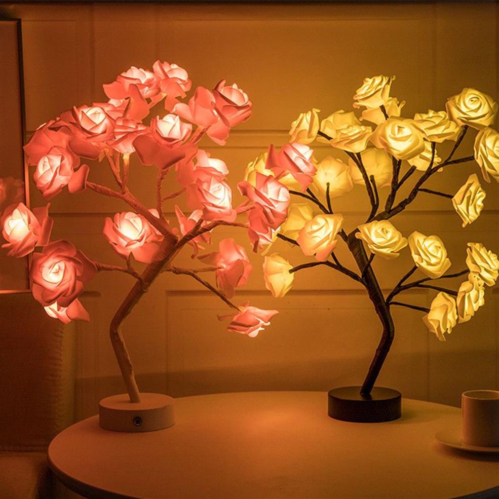Luzes de lâmpada de mesa LED Rose Flower Tree USB Night Light Home Festies Decoração Xmas Christmas Wedding Bedroom Decor273U