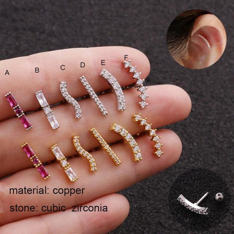 Bolzen Cubic Zirkonia kleine Ohrringe Frauen Stick Welle Rot Stein Crawler Knorpel Ohrring Gold Silber Farbohr Juwely258c