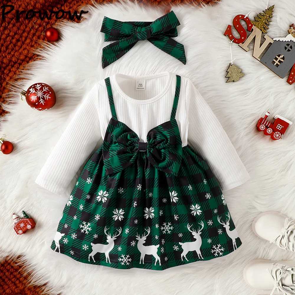 Flickans klänningar Prowow Baby Christmas Dress for Girls Cartoon Deer Plaid Faux-Two Dress Princess Party Christmas Clothes Girls New Year Costumel231222