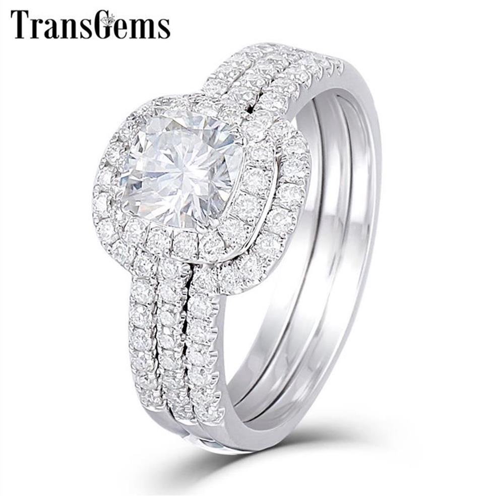 Transgems Solid 10K 백색 금 약혼 신부 세트 센터 1ct 6mm Square Cushion Cut Halo Moissanite 링 세트 Y200620242S